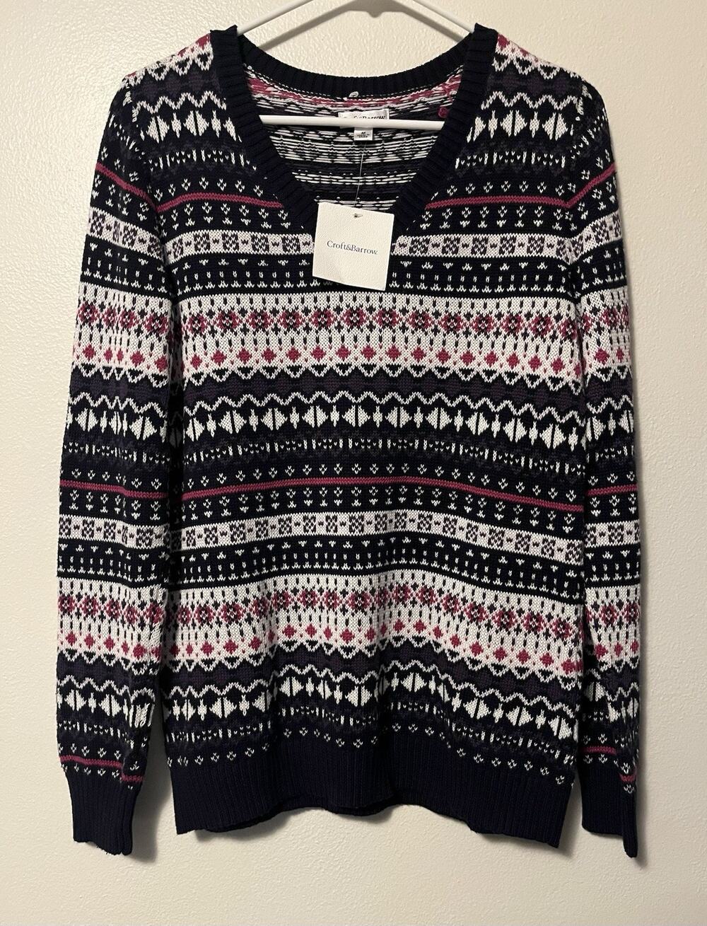 Croft & Barrow Sweater Fair Isle Women’s Medium Multicolor V-Neck Pullover NWT